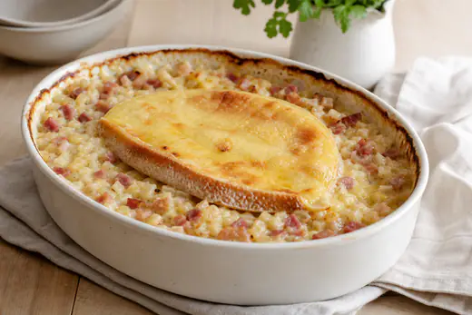 Plat rond de croziflette gratinée, avec un demi-reblochon doré fondu sur des petits carrés de pâtes, des lardons et des oignons