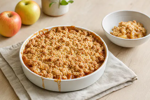 Crumble aux pommes doré dans un plat rond de 18 cm, pâte sablée croustillante et pommes caramélisées visibles, une part servie dans une assiette