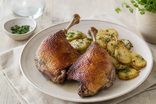 Deux cuisses de canard à la peau très dorée et croustillante, servies avec des pommes de terre sautées et du persil