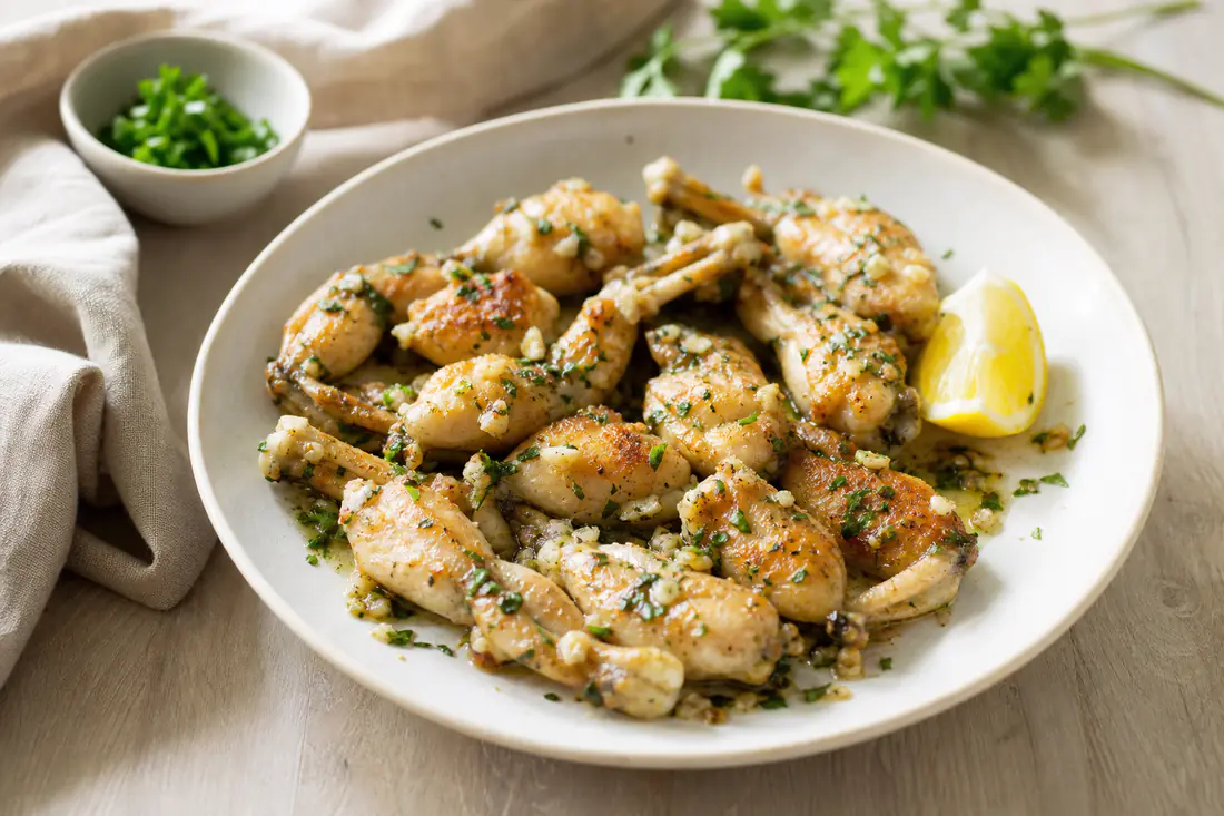 Une assiette de cuisses de grenouille dorées et farinées, enrobées de beurre à l’ail et de persil haché, avec un quartier de citron