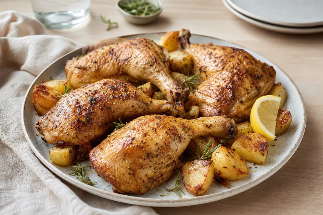 Quatre cuisses de poulet à la peau dorée et croustillante, servies sur une assiette avec des pommes de terre rôties et du citron