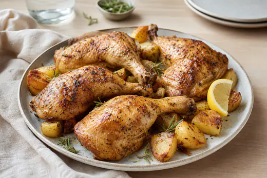 Quatre cuisses de poulet à la peau dorée et croustillante, servies sur une assiette avec des pommes de terre rôties et du citron