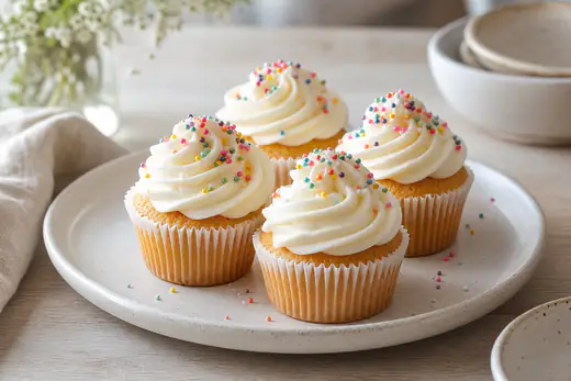 Quatre cupcakes à la vanille surmontés d’un glaçage au beurre blanc en spirale et de vermicelles colorés, dans des caissettes en papier sur un plat