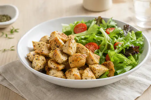 Dés de poulet dorés et assaisonnés aux herbes dans un bol blanc, à côté d’une salade verte et de tomates cerises