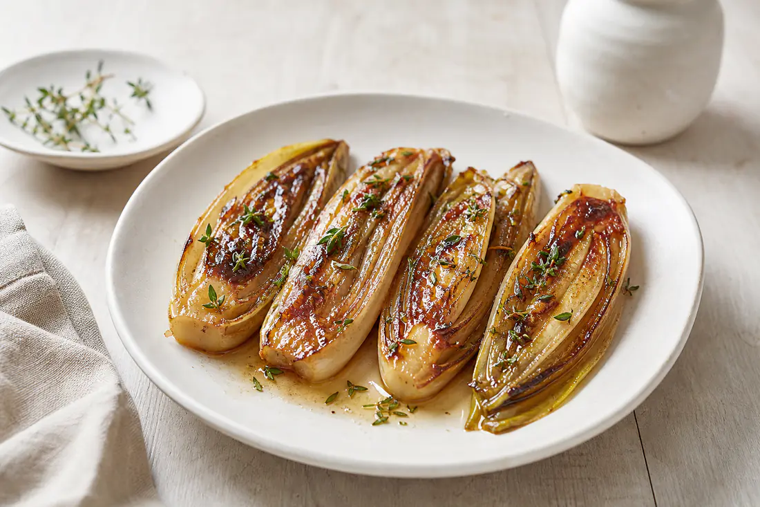 Moitiés d’endives braisées, brun doré et brillantes de beurre et de miel, avec des feuilles de thym, sur une assiette creuse