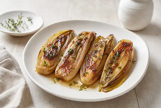 Moitiés d’endives braisées, brun doré et brillantes de beurre et de miel, avec des feuilles de thym, sur une assiette creuse