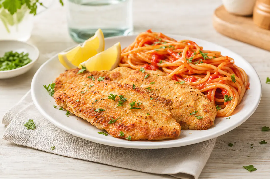 Deux escalopes panées dorées et croustillantes sur une assiette, avec des quartiers de citron, des pâtes à la tomate et du persil