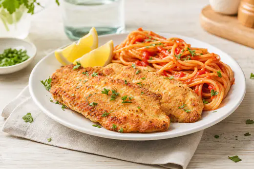 Deux escalopes panées dorées et croustillantes sur une assiette, avec des quartiers de citron, des pâtes à la tomate et du persil