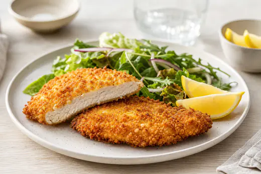 Escalopes de poulet panées au panko, dorées et croustillantes, coupées en biais sur une assiette avec une salade et du citron