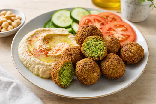 Falafels dorés et croustillants, coupés en deux pour montrer un cœur vert d’herbes, servis avec du houmous et des crudités