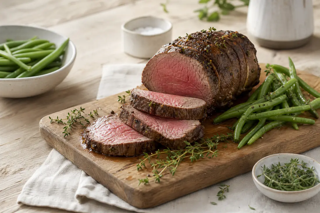 Un filet de bœuf rôti, ficelé, coupé en tranches épaisses au cœur rosé, servi sur une planche avec du thym et des haricots verts