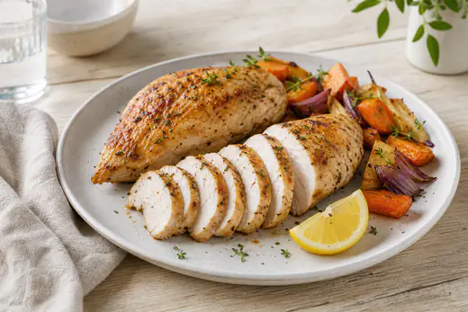 Filets de dinde dorés, posés sur une assiette avec des légumes verts et un quartier de citron