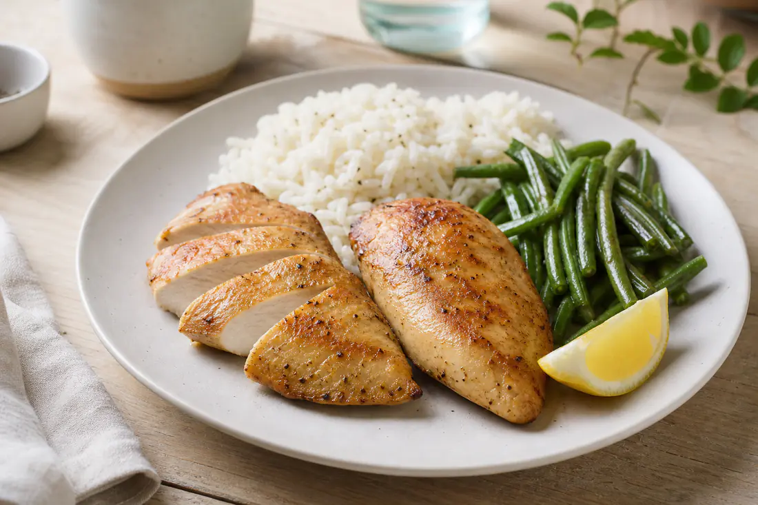 Deux filets de poulet dorés, tranchés en biais pour montrer la chair moelleuse, servis avec du riz et des haricots verts
