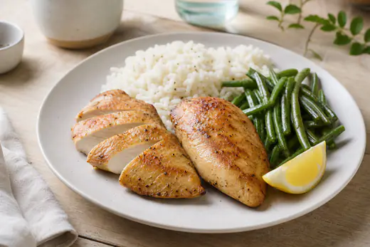Deux filets de poulet dorés, tranchés en biais pour montrer la chair moelleuse, servis avec du riz et des haricots verts