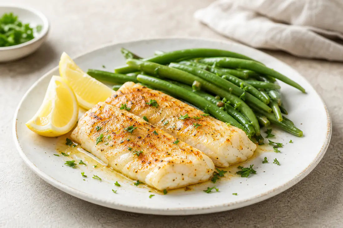 Deux filets de poisson blanc dorés, assaisonnés au paprika et au persil, servis avec des quartiers de citron et des haricots verts