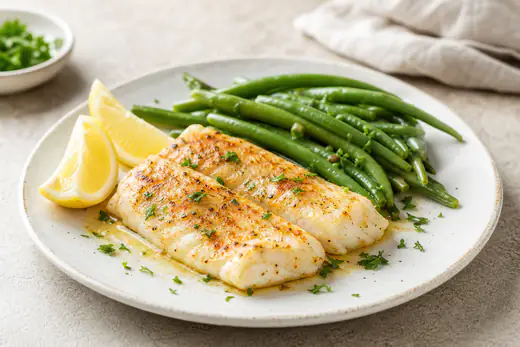 Deux filets de poisson blanc dorés, assaisonnés au paprika et au persil, servis avec des quartiers de citron et des haricots verts