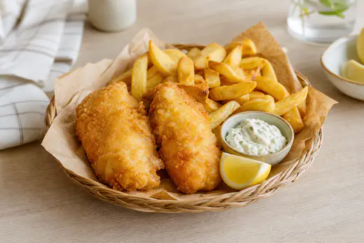 Deux filets de cabillaud panés dorés avec des frites épaisses, servis sur du papier kraft avec un citron et une sauce tartare