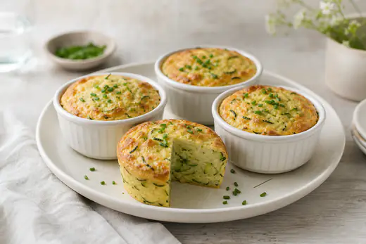 Quatre ramequins de flan de courgettes dorés, dont un démoulé et coupé pour montrer le centre pris, avec des brins de ciboulette
