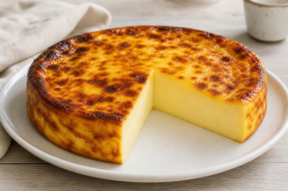 Flan pâtissier rond sans pâte dans un moule de 16 cm, dessus doré tacheté de brun, une part découpée montrant la crème jaune pâle
