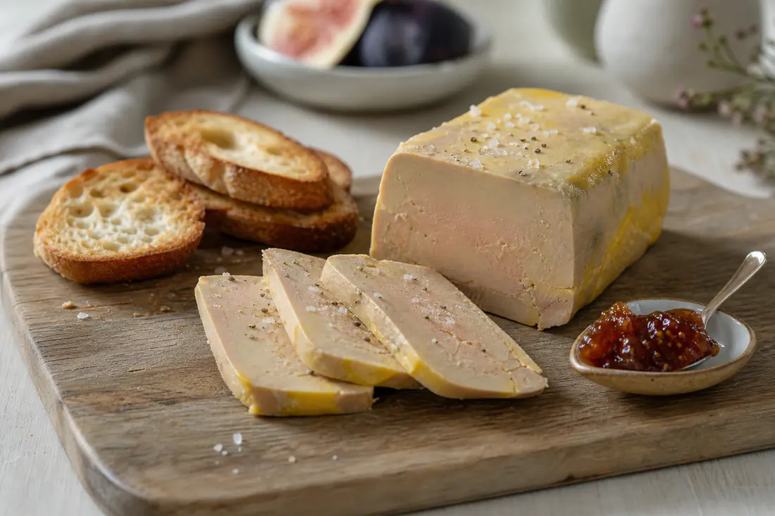 Terrine de foie gras mi-cuit tranchée, avec des tranches rose pâle sur un plateau en bois, du pain grillé et une confiture de figues