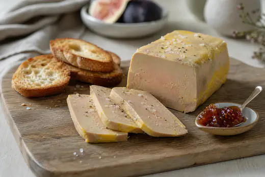 Terrine de foie gras mi-cuit tranchée, avec des tranches rose pâle sur un plateau en bois, du pain grillé et une confiture de figues