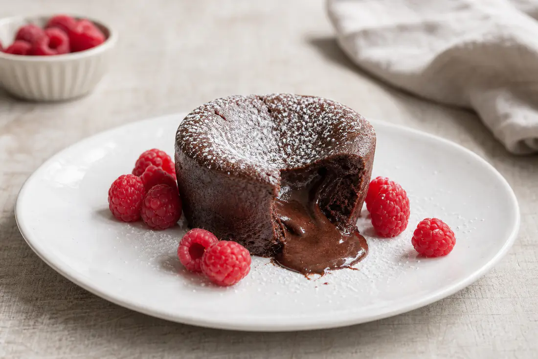 Fondant au chocolat démoulé sur une assiette, entamé pour montrer le cœur de chocolat coulant, avec des framboises et du sucre glace