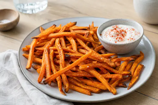 Frites de patate douce orangées, dorées et croustillantes, saupoudrées de paprika fumé et servies dans une assiette avec une sauce yaourt