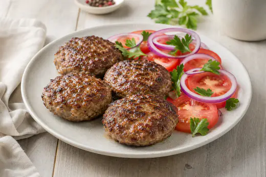 Quatre galettes de viande hachée dorées posées sur une assiette avec des tomates, de l’oignon rouge et du persil