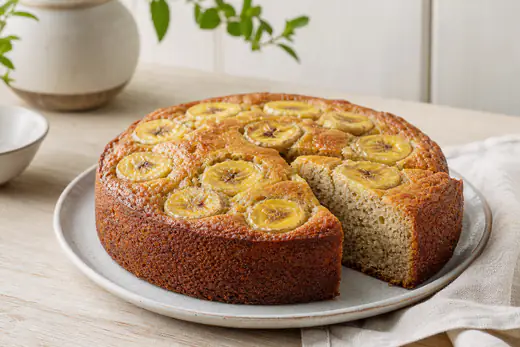 Gâteau à la banane rond et doré, une part découpée, décoré de rondelles de banane sur le dessus, posé sur un plat à gâteau