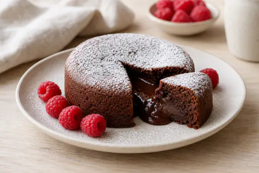 Gâteau au chocolat rond et fondant dans son moule, une part découpée laissant voir le cœur moelleux, saupoudré de sucre glace sur une assiette