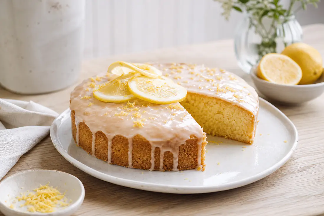 Gâteau au citron rond et doré recouvert d’un glaçage blanc, avec des rondelles de citron et un morceau découpé, posé sur un plat