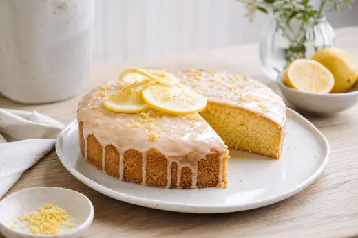 Gâteau au citron rond et doré recouvert d’un glaçage blanc, avec des rondelles de citron et un morceau découpé, posé sur un plat