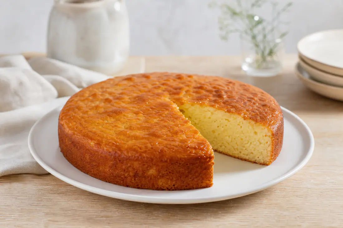 Gâteau au yaourt rond et doré, démoulé sur un plat, avec une part découpée montrant la mie moelleuse