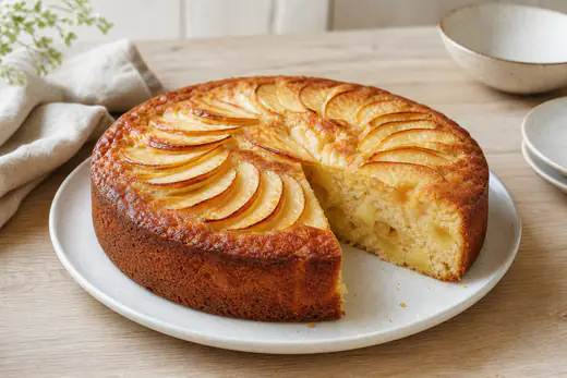 Gâteau rond moelleux aux pommes, dessus doré garni de fines lamelles de pommes, une part découpée montrant les morceaux de pommes dans la mie