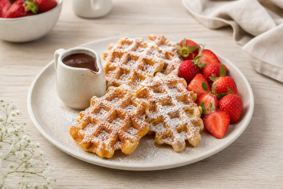 Plusieurs petites gaufres dorées à l’alvéole marquée, saupoudrées de sucre glace, avec des fraises et un petit pot de chocolat fondu