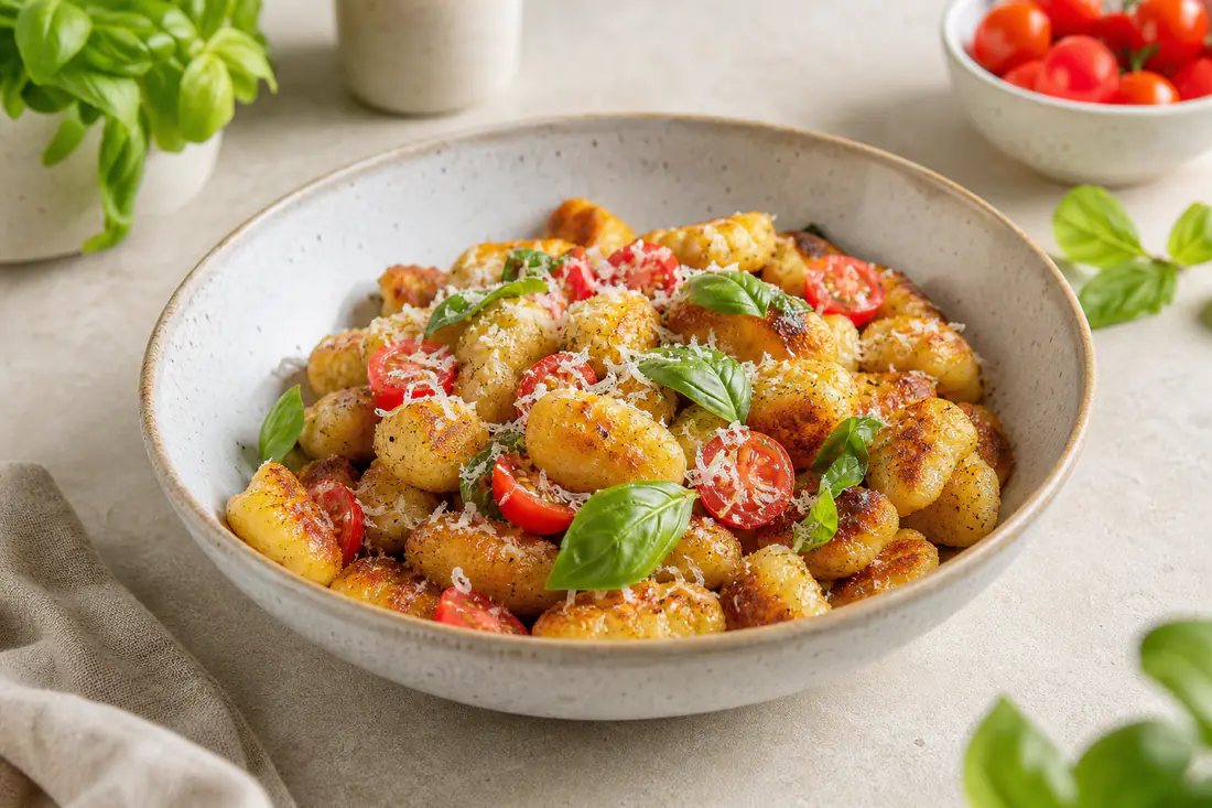 Gnocchis de pommes de terre dorés et croustillants dans une assiette creuse avec du parmesan râpé, du basilic et des tomates cerises