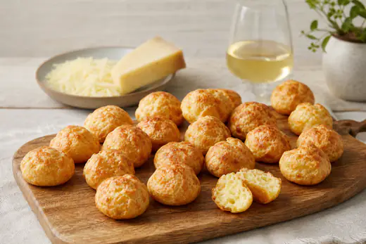 Une vingtaine de gougères au fromage gonflées et dorées dans un panier en osier avec du comté râpé et un verre de vin blanc