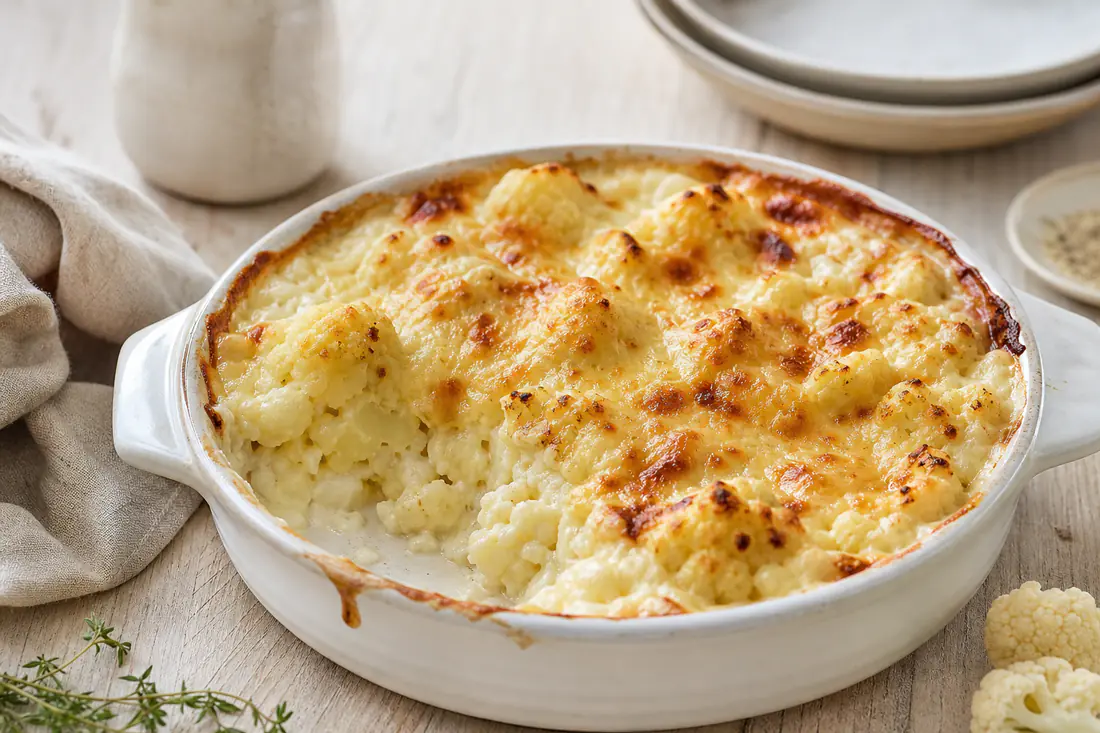 Petit plat rond de gratin de chou-fleur doré et gratiné, avec des bouquets fondants sous une croûte de gruyère