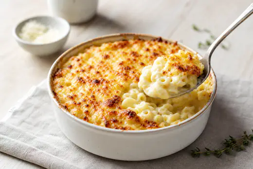 Gratin de pâtes doré dans un petit plat rond, coquillettes enrobées de béchamel et croûte de gruyère gratiné