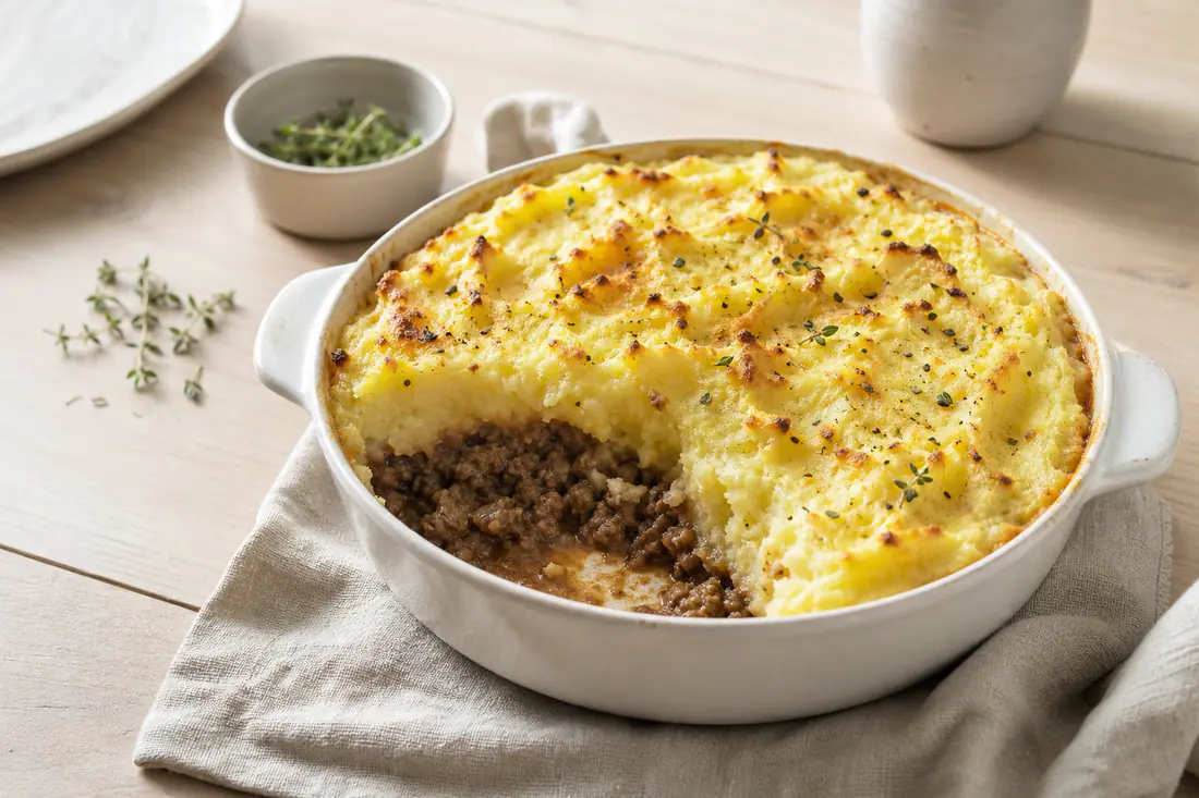 Hachis parmentier dans un petit plat rond, purée de pommes de terre gratinée et dorée, une part prélevée pour montrer la farce de bœuf