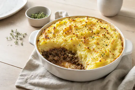 Hachis parmentier dans un petit plat rond, purée de pommes de terre gratinée et dorée, une part prélevée pour montrer la farce de bœuf