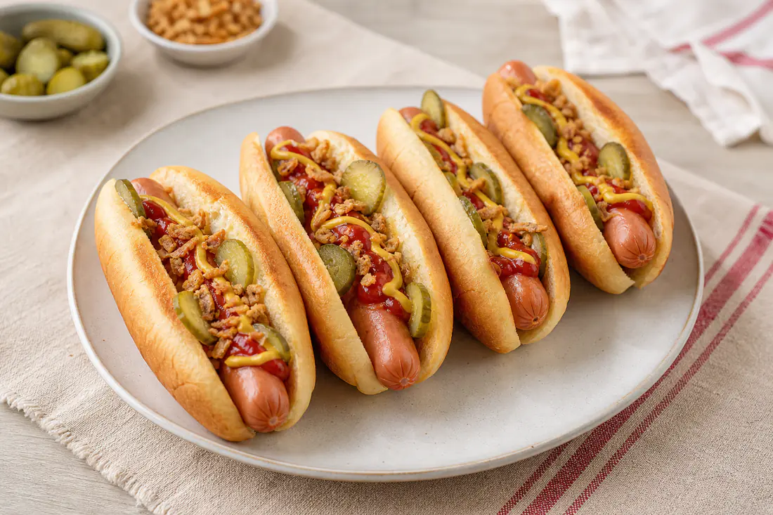 Quatre hot dogs avec saucisses de Strasbourg dans des pains grillés, garnis de moutarde, de ketchup, de cornichons et d’oignons frits