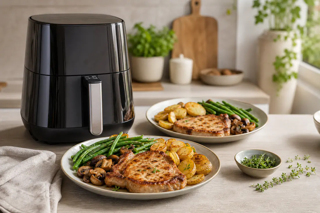 Airfryer sur le plan de travail avec côtes de porc, pommes de terre rôties, haricots verts et champignons