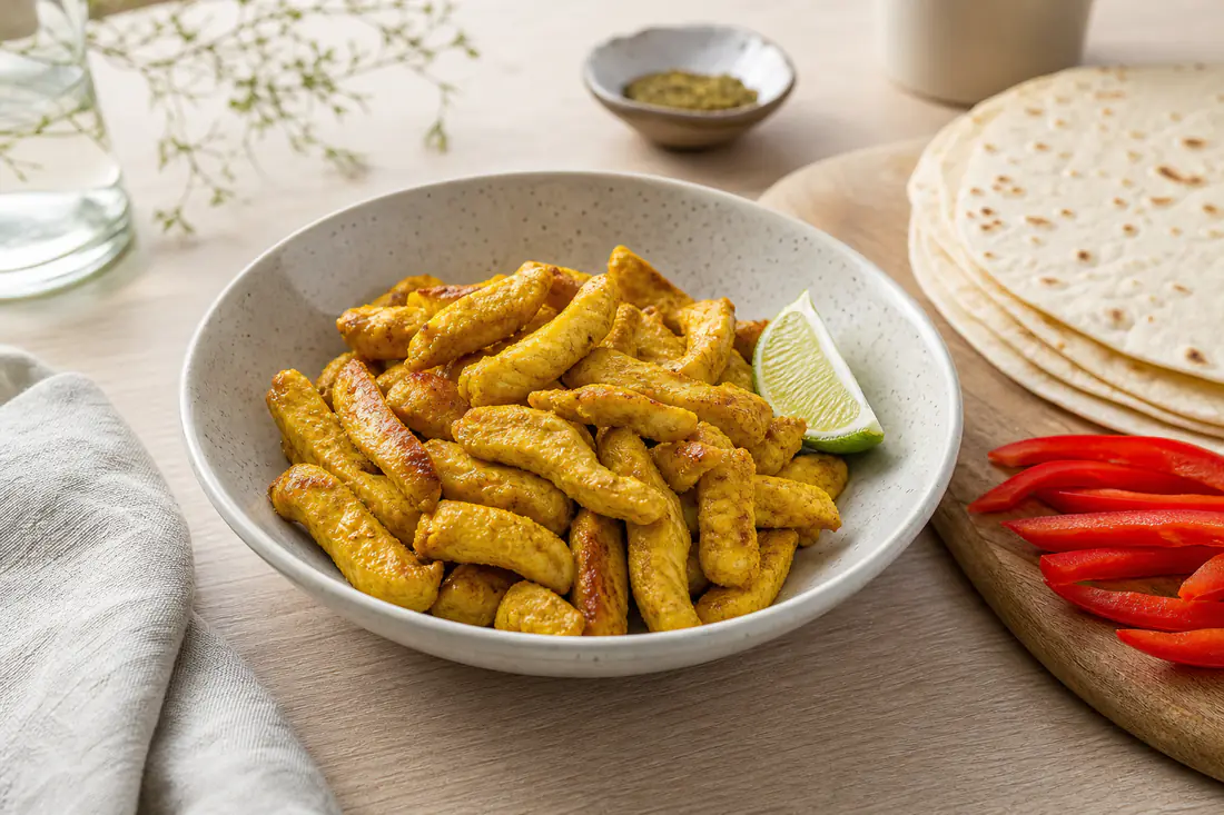 Lanières de poulet dorées et épicées dans un bol, avec des quartiers de citron vert, des poivrons et des tortillas à côté