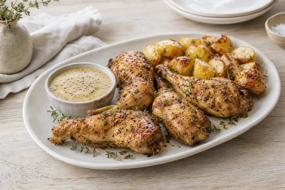 Quatre cuisses de lapin dorées à la moutarde et au thym, posées sur un plat avec de la crème à la moutarde et des pommes de terre rôties