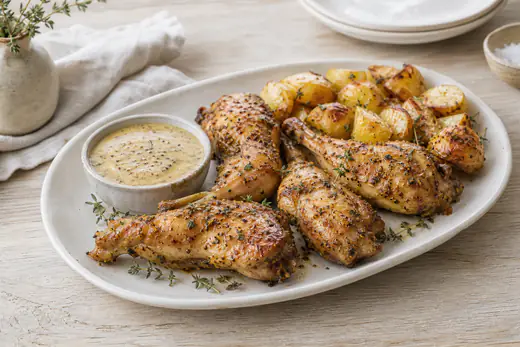 Quatre cuisses de lapin dorées à la moutarde et au thym, posées sur un plat avec de la crème à la moutarde et des pommes de terre rôties