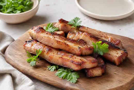 Des tranches épaisses de poitrine de porc grillées, dorées et croustillantes, aux bords caramélisés, posées sur une planche en bois avec du persil