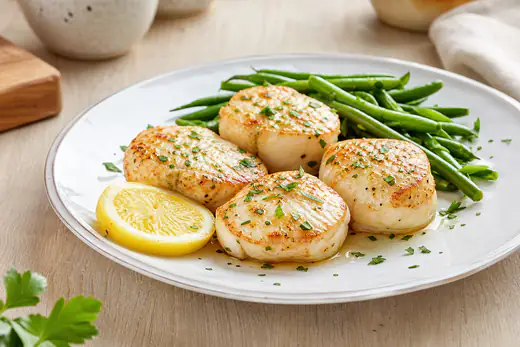 Quatre médaillons de lotte dorés, une rondelle de citron et du persil sur une assiette avec des haricots verts
