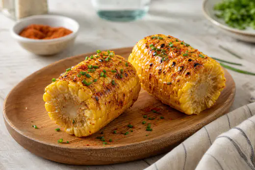 Épis de maïs grillés aux grains dorés, brillants de beurre fondu, saupoudrés de paprika et de ciboulette, sur une planche