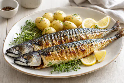 Deux maquereaux entiers grillés, peau argentée et dorée aux rayures sombres, avec des rondelles de citron, du thym et des pommes de terre